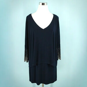 Joseph Ribkoff Size 14 Navy Blue V Neck Long Studded Sleeve Layered Tunic Dress